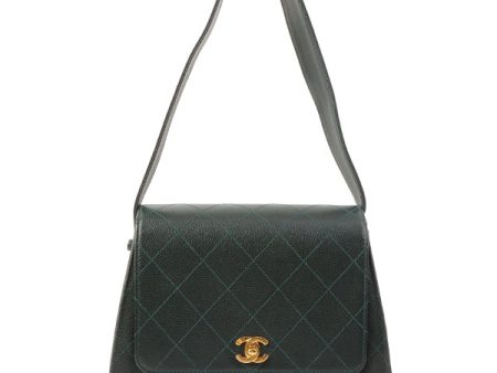 Chanel Around 1997 Made Caviar Skin Turn-Lock Shoulder Bag Dark Green Sale