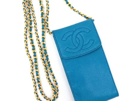 Chanel Vintage Caviar Skin Chain Smartphone Case Coco Mark Women s Blue Mobile Pouch 3rd Series Made in 1995 CHANEL Fashion