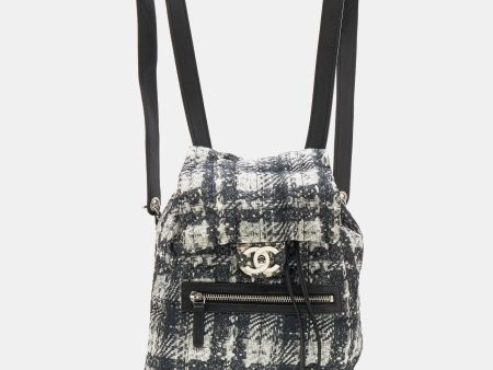 Chanel White Black Tweed Print Nylon Medium Drawstring Backpack Online Sale