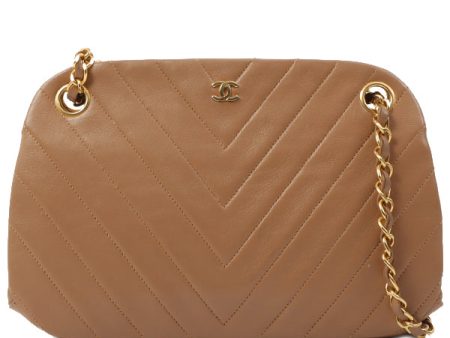 Chanel Around 1990 Made Chevron Cc Mark Plate Metal Clasp Chain Bag Pale Brown For Discount