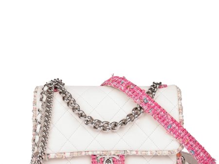 Chanel White Quilted Lambskin & Pink Tweed Fabric Small Elegant Trim Small Double Carry Flap Bag Hot on Sale