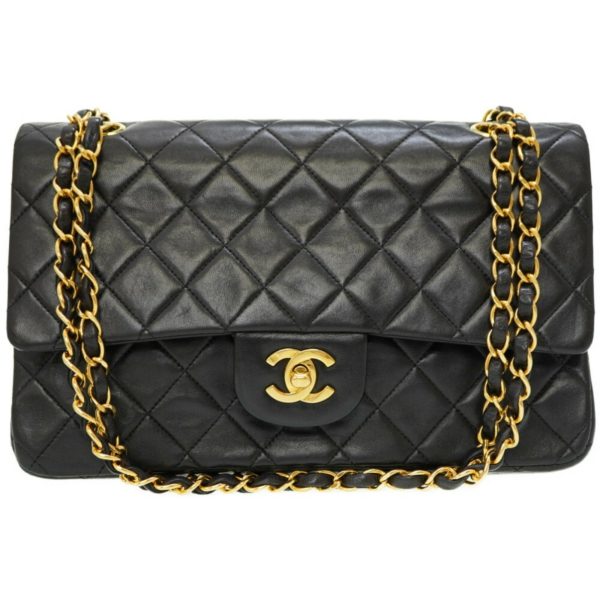 Chanel Matelasse 25 W Flap Chain Shoulder Bag Lambskin Leather Black Fashion