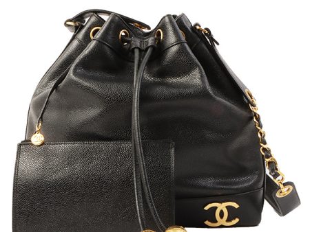 Chanel Around 1995 Made Caviar Skin 6 Cc Mark Plate Drawstring Shoulder Bag Black on Sale