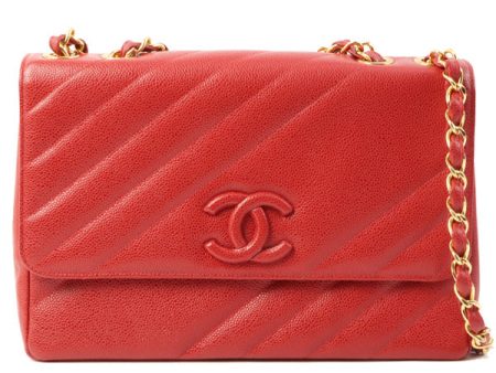 Chanel Around 1995 Made Caviar Skin Cc Mark Diagonal Stitch Chain Bag Red Discount