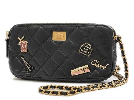 Chanel 2.55 Embroidered Chain Clutch Shoulder Bag Leather Black Supply