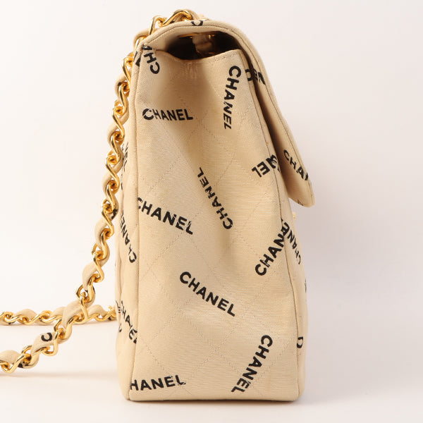 Chanel Around 1995 Made Canvas Logo Print Classic Flap Chain Bag Maxi Beige For Sale