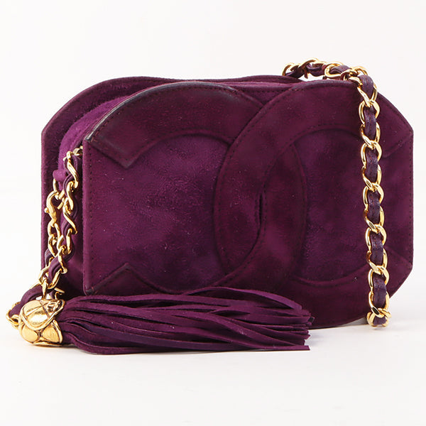 Chanel Around 1990 Made Suede Big Cc Mark Stitch Fringe Chain Bag Purple Online now