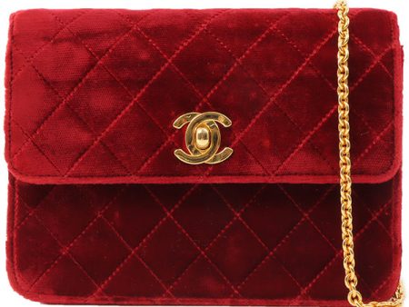 Chanel Around 1992 Made Velour Straight Flap Turn-Lock Mini Chain Bag Red Online Sale