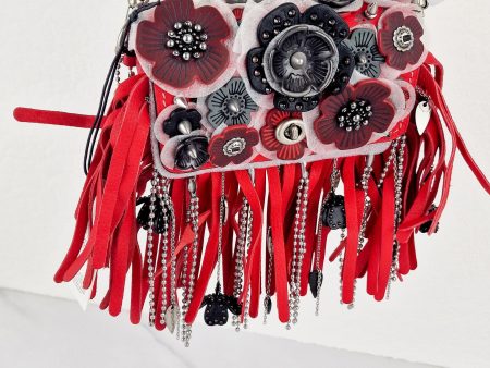 Coach 1941 Dinkier in Vermillion Red with Wild Tea Roses Studs & Fringes - Crossbody Bag Clutch Mini Dinky - Coach 86852 For Cheap