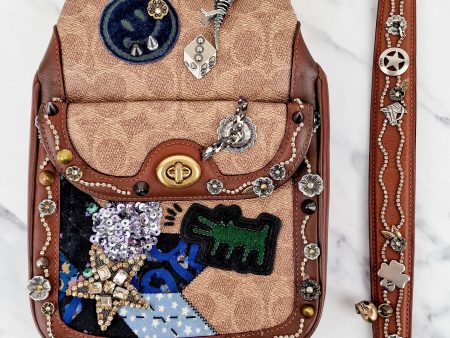 Limited Edition Coach x Keith Haring 1941 Frame Kisslock Clutch Pouch with Patchwork & Embellishments in Signature & Saddle Brown - Charms, Rexy, Crystals, Rivets, Tea Roses - Coach 31068 Hot on Sale