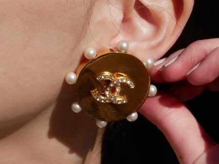 CHANEL 1980s Faux Pearl & Crystal CC Earrings 43521 Hot on Sale