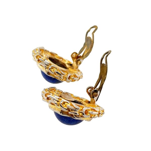 CHANEL - 93A Woven Chain Lapis Lazuli Cabochon Button Earrings Gold   Blue For Discount