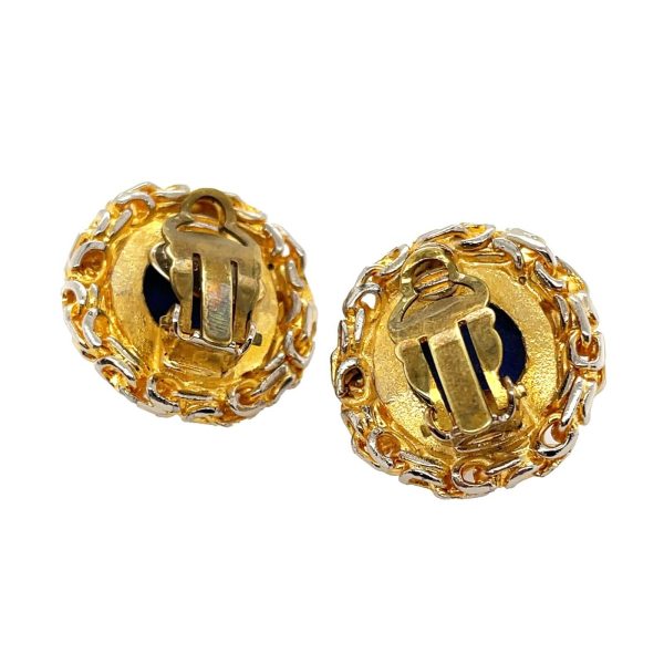 CHANEL - 93A Woven Chain Lapis Lazuli Cabochon Button Earrings Gold   Blue For Discount