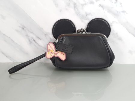 Disney x Coach Minnie Ears Clutch Wristlet in Black Glovetanned Leather With Pink Bow Hangtag Hot on Sale