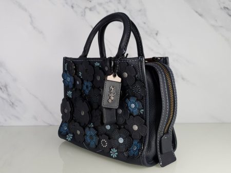 Coach 1941 Rogue 25 Tea Rose Appliqué in Midnight Navy Blue Leather & Suede Handbag Shoulder Bag Cheap