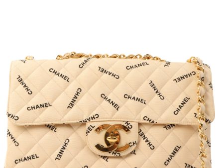 Chanel Around 1995 Made Canvas Logo Print Classic Flap Chain Bag Maxi Beige For Sale