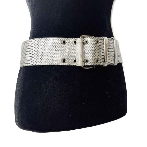 CHANEL - 08P Belt - Metallic Silver Diamond Perforated Logo Stamped - 80 32 For Sale