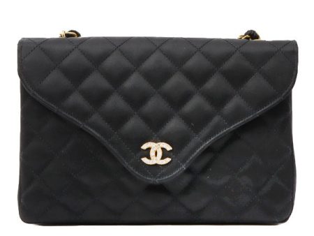 Chanel Around 1985~1990 Made Silk Satin Rhinestone Cc Mark Plate Chain Bag Black Supply