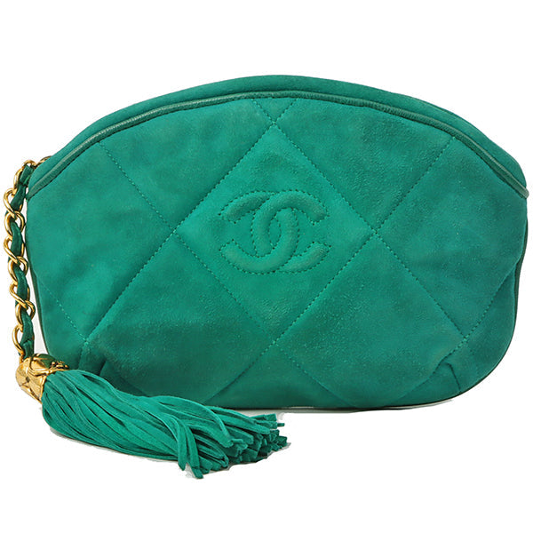 Chanel Around 1990 Suede Fringe Cc Mark Stitch Pouch Emerald Green Online