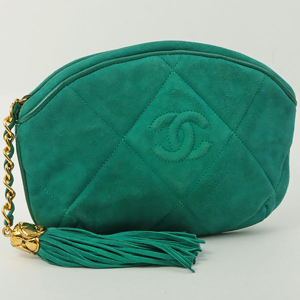 Chanel Around 1990 Suede Fringe Cc Mark Stitch Pouch Emerald Green Online