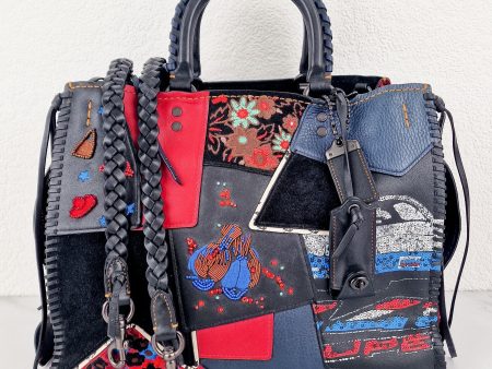 RARE Coach 1941 Rogue 31 in Embellished Patchwork in Mixed Materials Black Leather Suede Colorblock Blue & Red Handbag - Coach 58159 Cheap