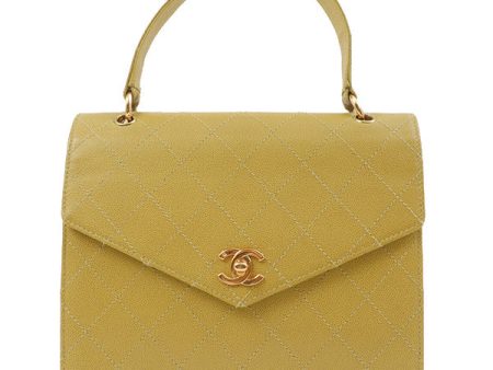 Chanel Around 1998 Made Soft Caviar Skin Turn-Lock Handbag Lime Yellow Cheap