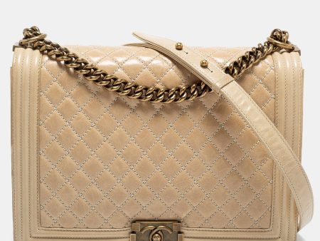 Chanel Two Tone Beige Quilted Glossy Leather Large Boy Flap Bag Fashion